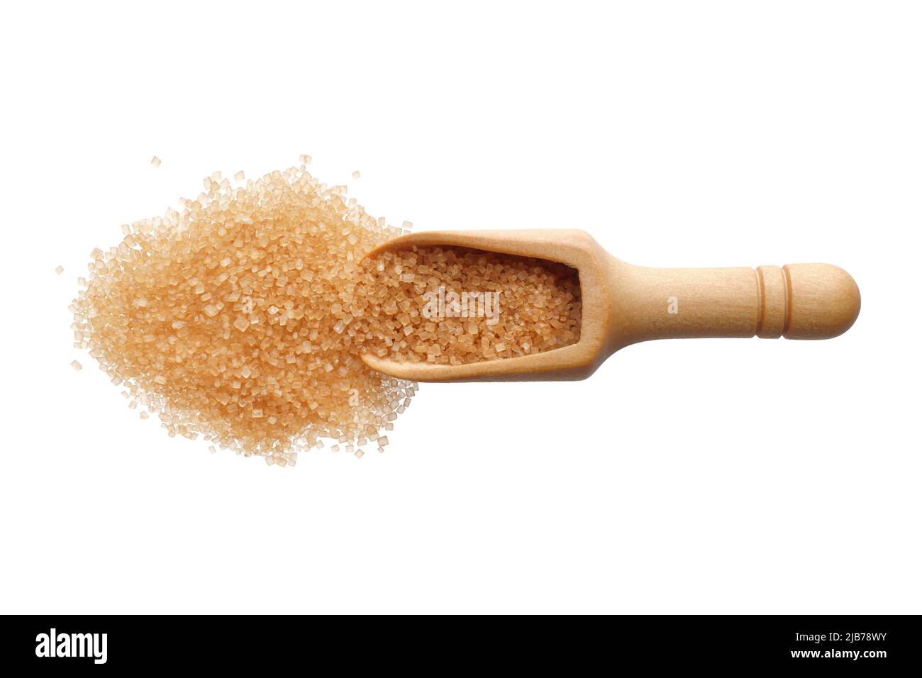 Food ingredients: heap of cane sugar demerara in a wooden scoop, isolated on white background Stock Photo