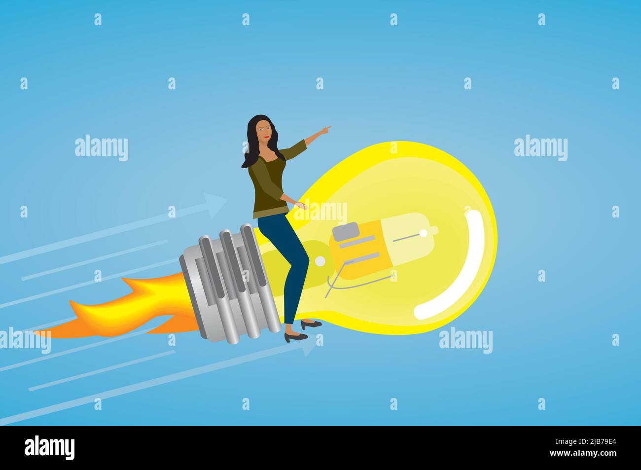 Woman flying on light bulb rocket. Dimension 16:9. Vector illustration. Stock Vector