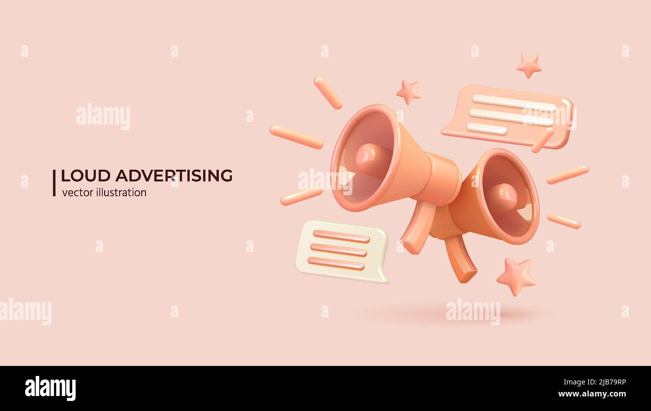 Marketing or advertising concept, 3d megaphone loudspeaker in realistic cute cartoon style. Vector illustration Stock Vector