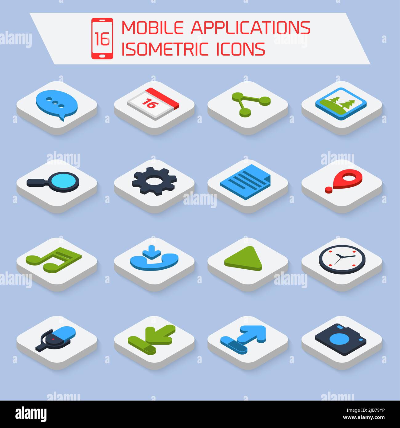 Mobile phone applications search settings mail isometric icons set ...