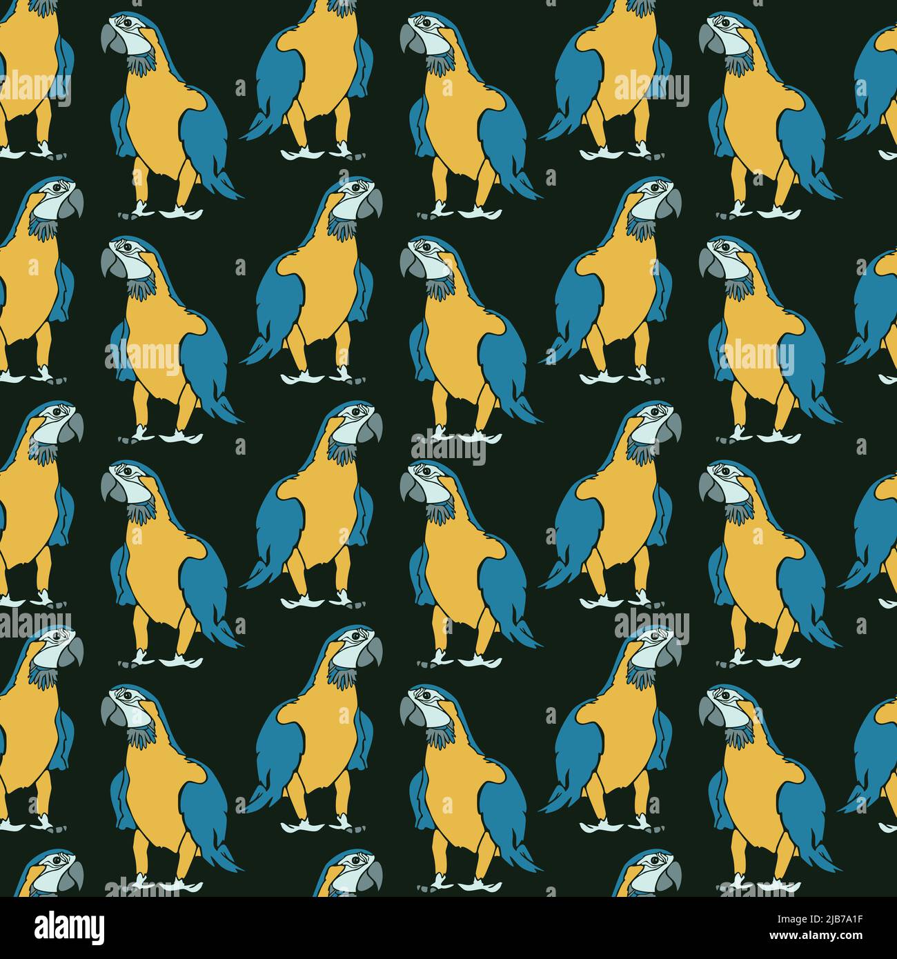 Vector seamless pattern with vivid parrots on dark background. Design with ara. Stock Vector