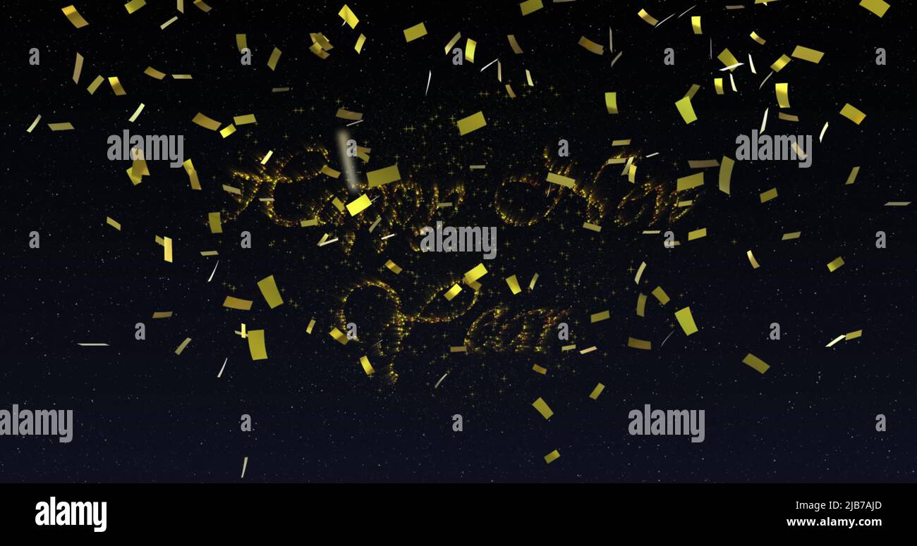 Image of happy new year text in gold with new year fireworks and gold ...