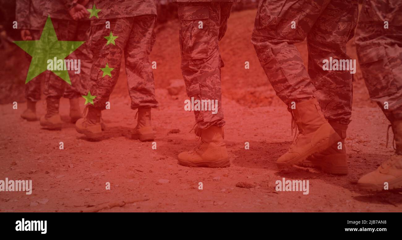 Image of flag of china over midsection of soldiers Stock Photo