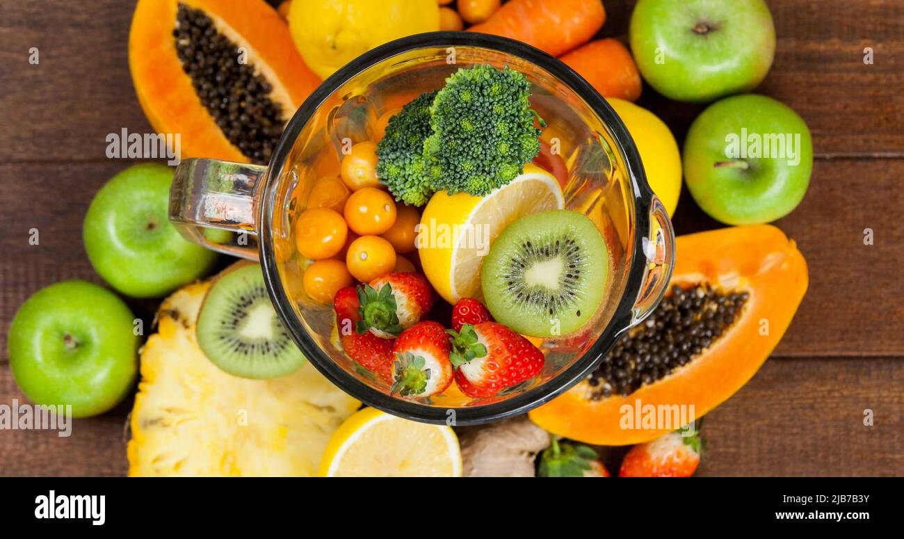 Image of fresh organic vegan food with fruit and vegetables in bowl ...