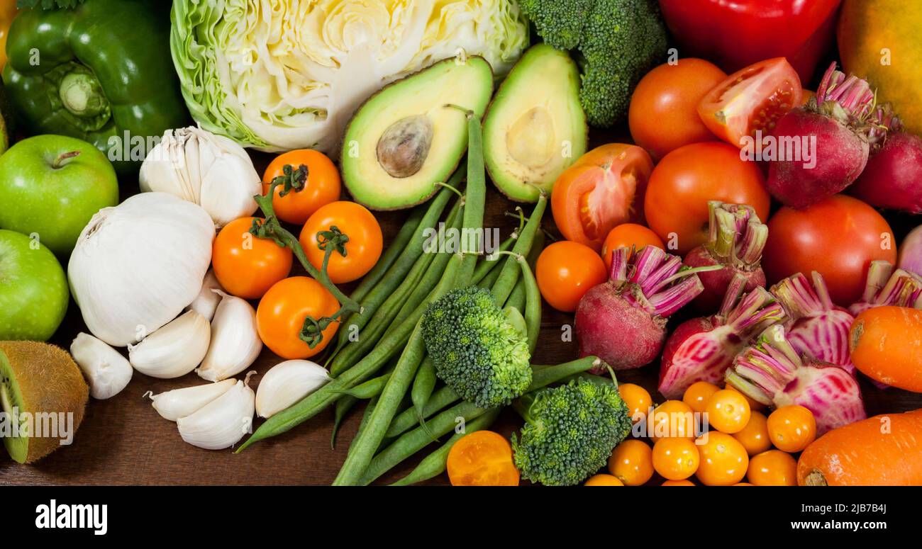 Image of fresh organic vegan food with fruit and vegetables Stock Photo ...