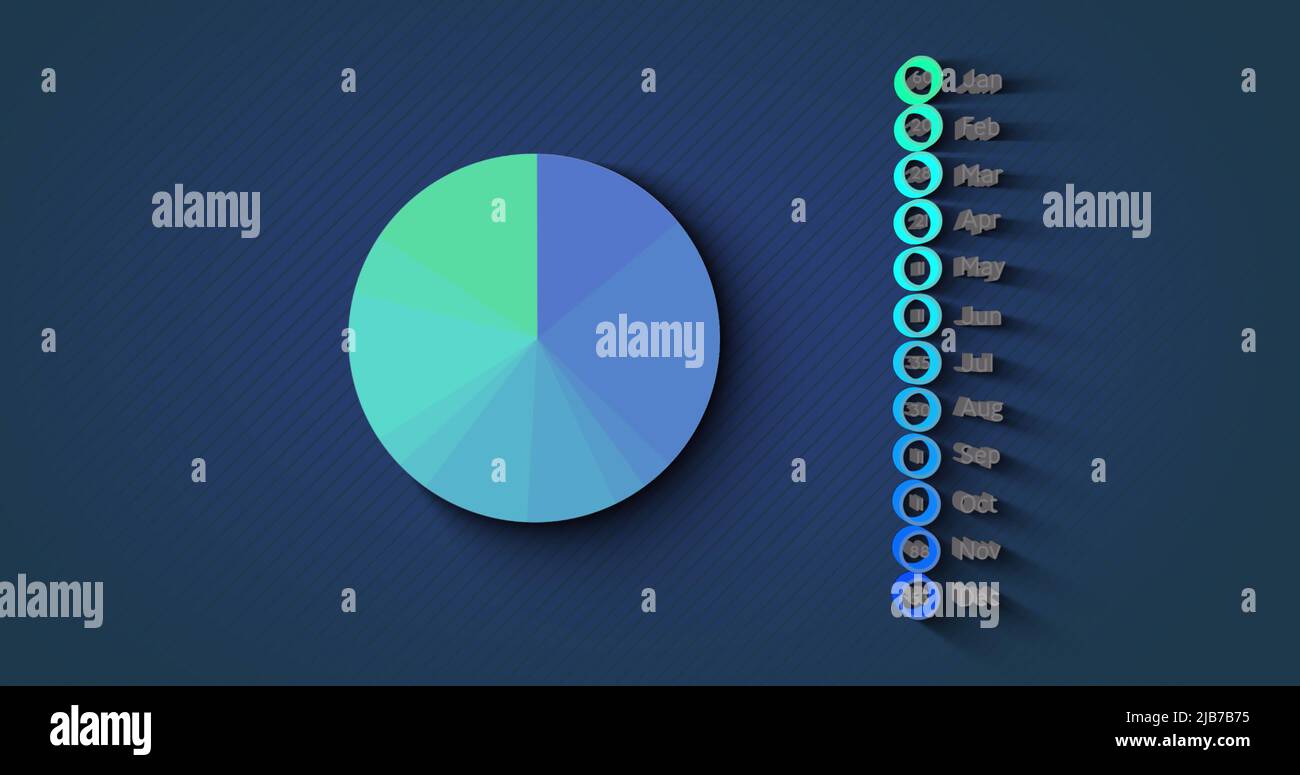 Image of pie chart and months on navy background Stock Photo
