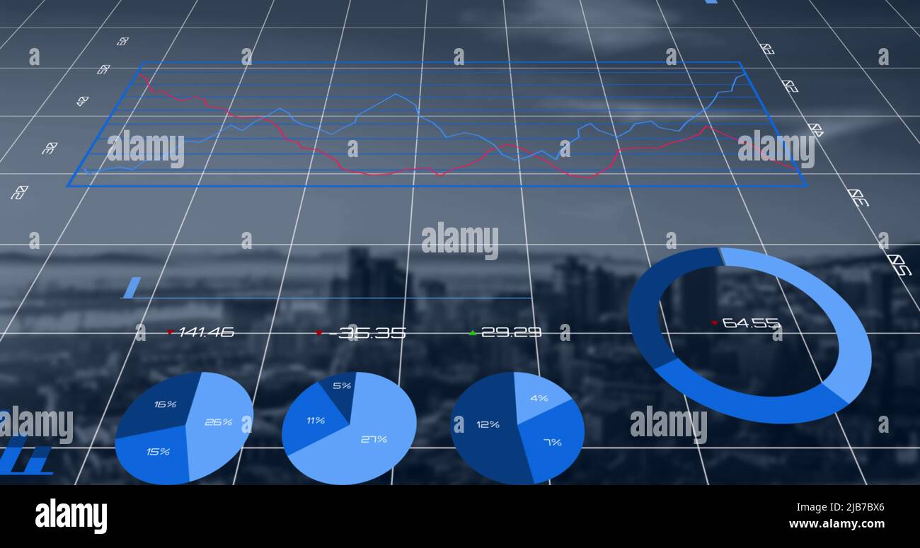 Financial data processing against cityscape Stock Photo