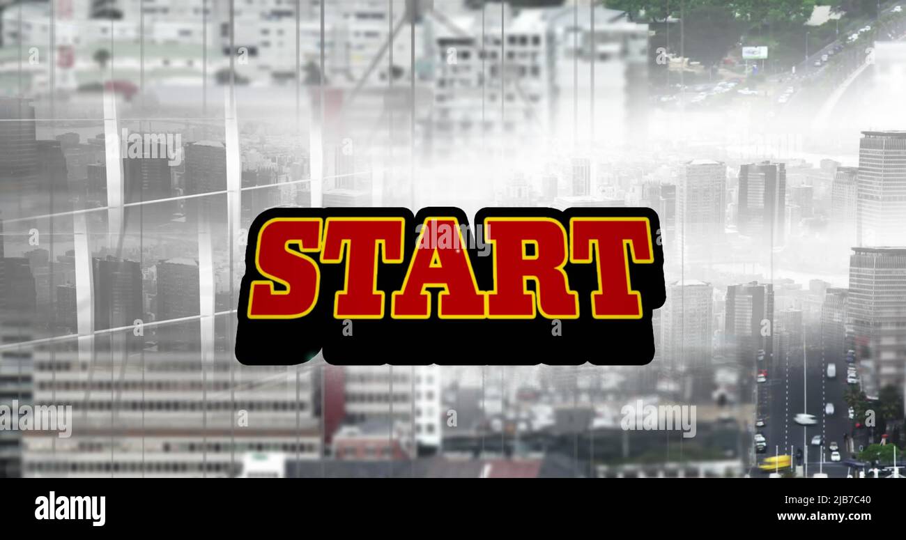 Image of start text over cityscape background Stock Photo