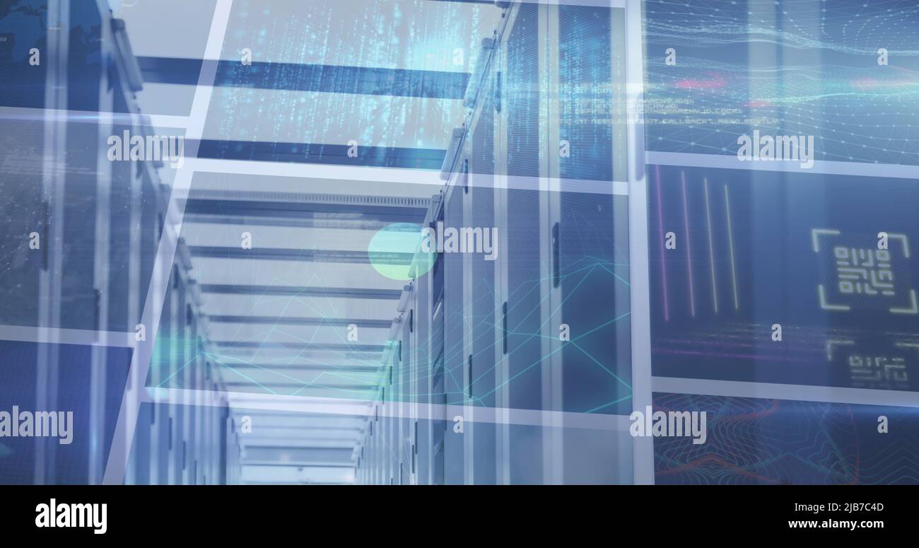 Image of computer servers and data processing on screens Stock Photo ...