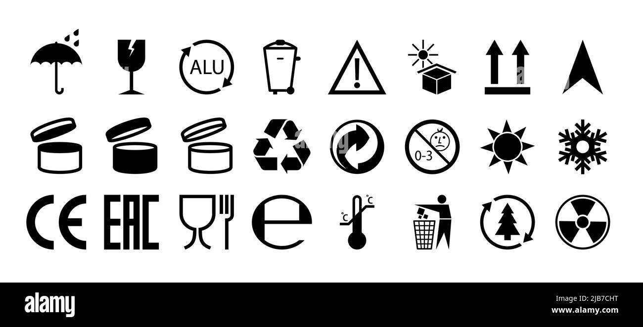 Big set of packing symbol isolated on white background. Flat design. Vector illustration. Packing symbol for cardboard boxes. Stock Vector
