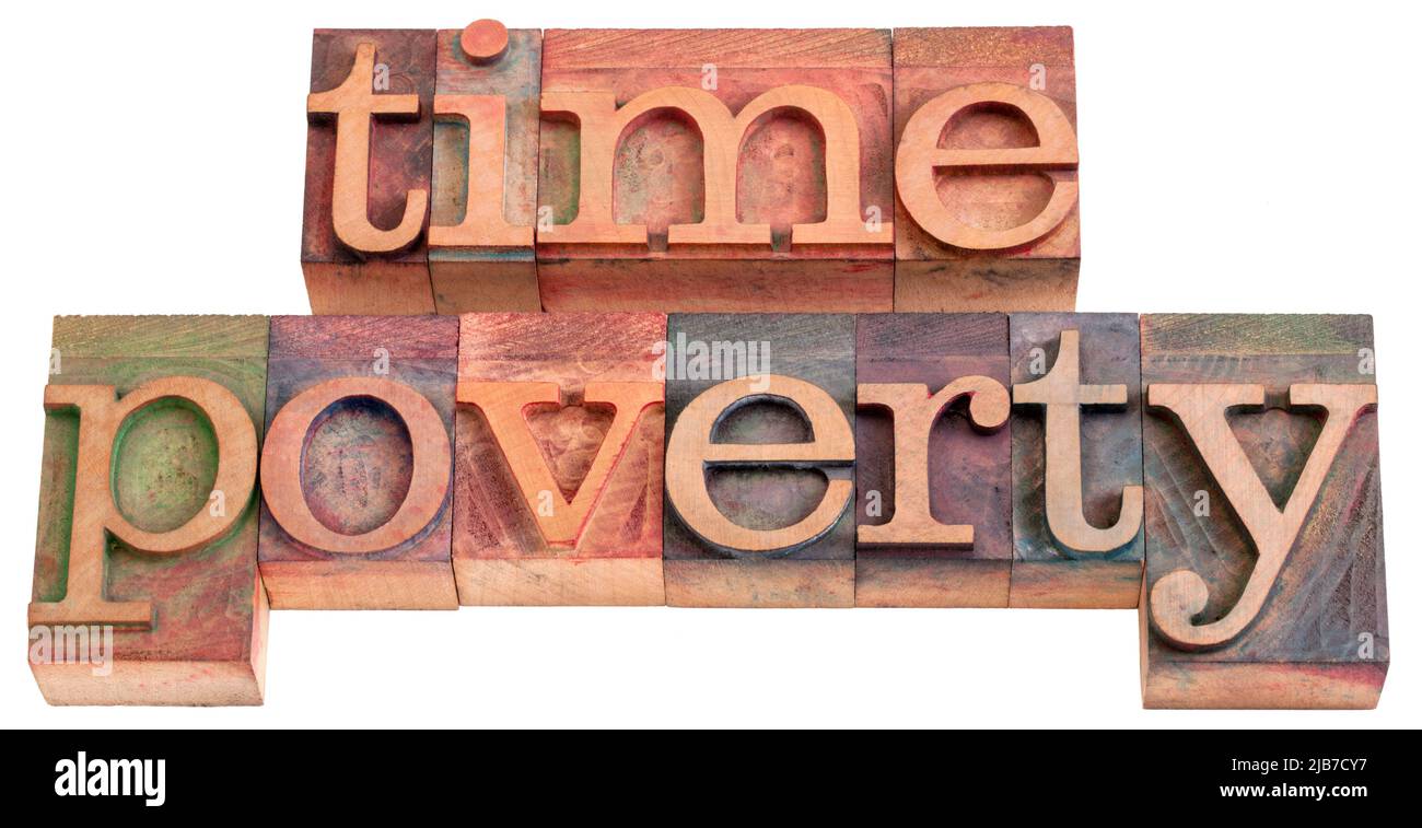 time poverty - isolated word abstract in vintage letterpress wood type, overload, stress, rat race and productivity concept Stock Photo
