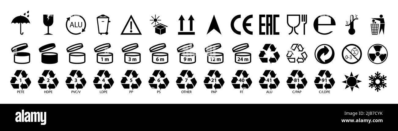 Big set of packing symbol isolated on white background. Flat design. Vector illustration. Packing symbol for cardboard boxes. Marking of plastic. Stock Vector