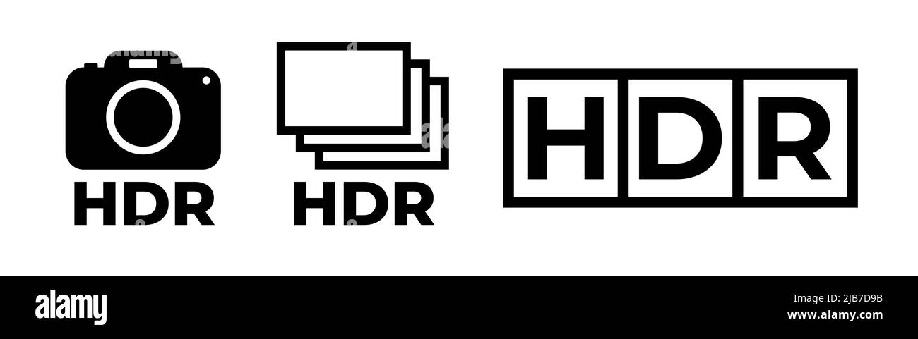 Set of HDR outline vector icon. High Dynamic Range Symbol icon set. Black HDR icon, flat vector simple element illustration. Stock Vector
