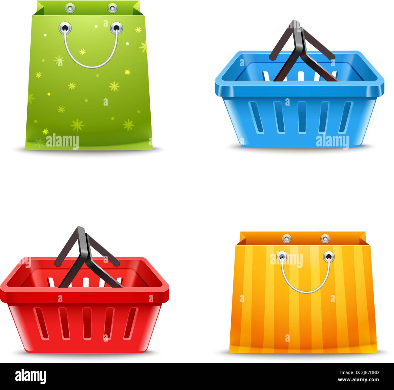 Shopping baskets and paper gift bags decorative set isolated vector