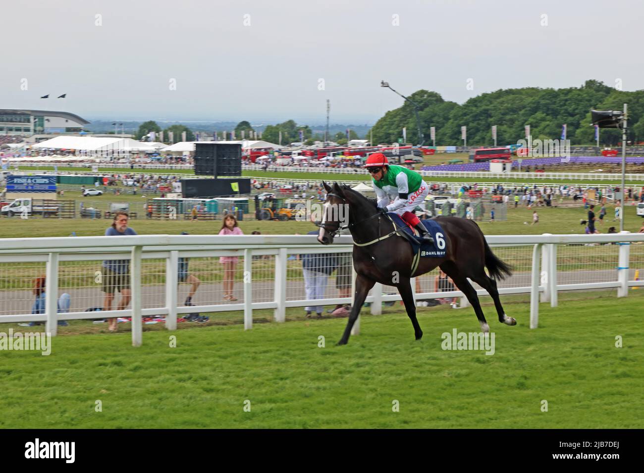 Epsom Downs, Surrey, England, UK. 3rd June, 2022. Frankie Dettori on pre-race favourite Pyledriver riding in the Coronation Cup at Epsom Downs in Surrey, part of the Platinum Jubilee weekend celebrations for the 70 year reign of the British monarch Queen Elizabeth II. Credit: Julia Gavin/Alamy Live News Stock Photo