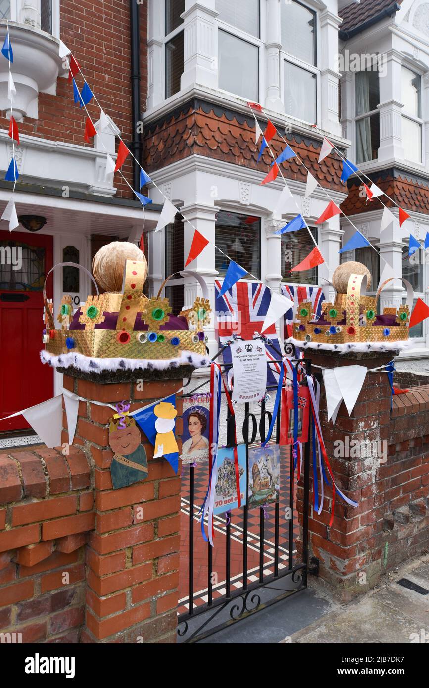 English building with flag and banners to celebrate the Platinum
