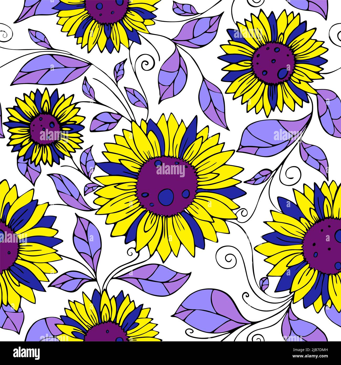 seamless floral pattern of yellow-blue sunflowers, bright repeating ...