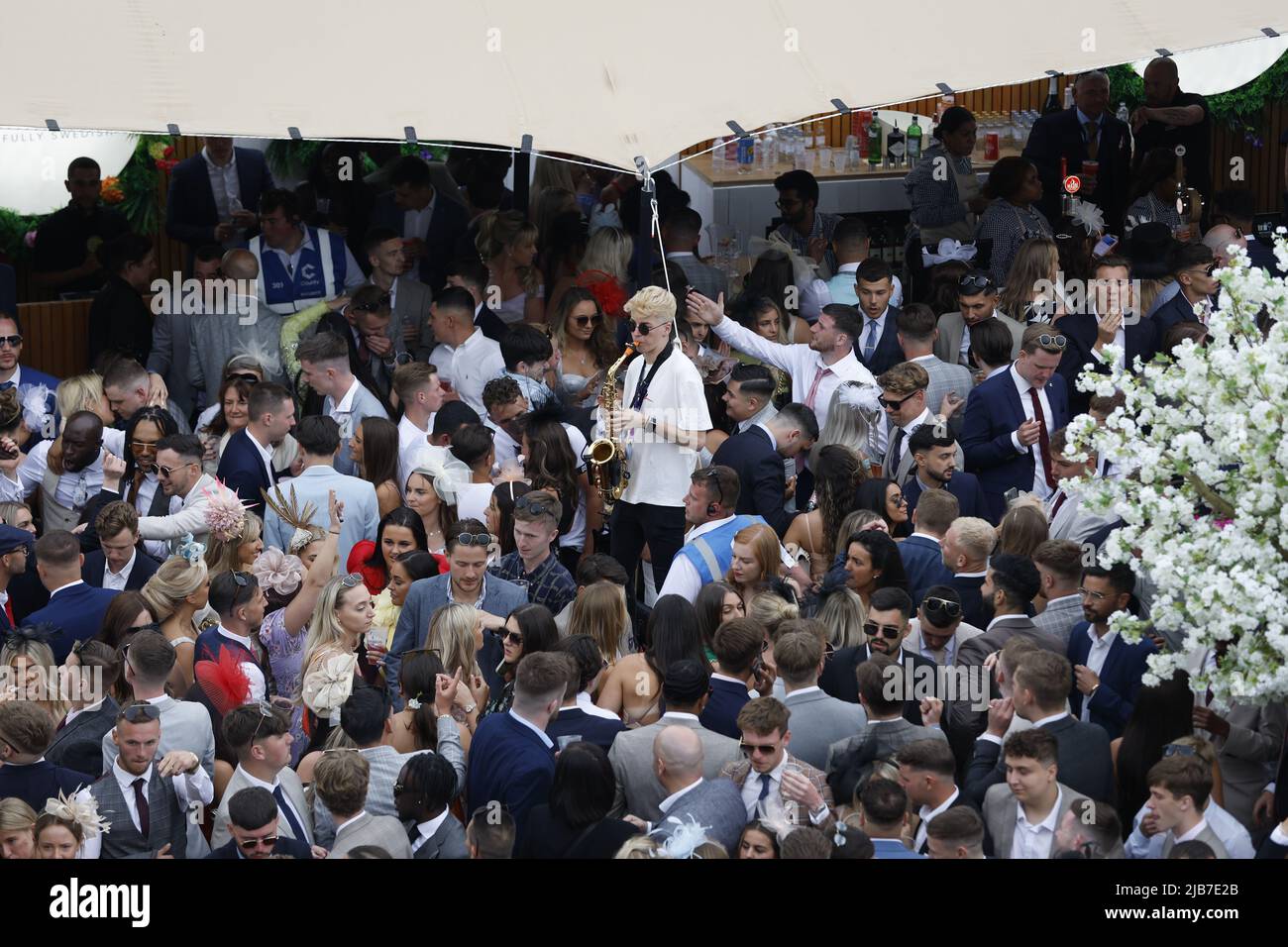 Racegoers in The Blossom Gardens on Ladies Day during the Cazoo Derby
