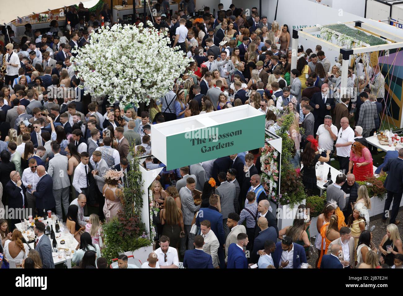 Racegoers in The Blossom Gardens on Ladies Day during the Cazoo Derby
