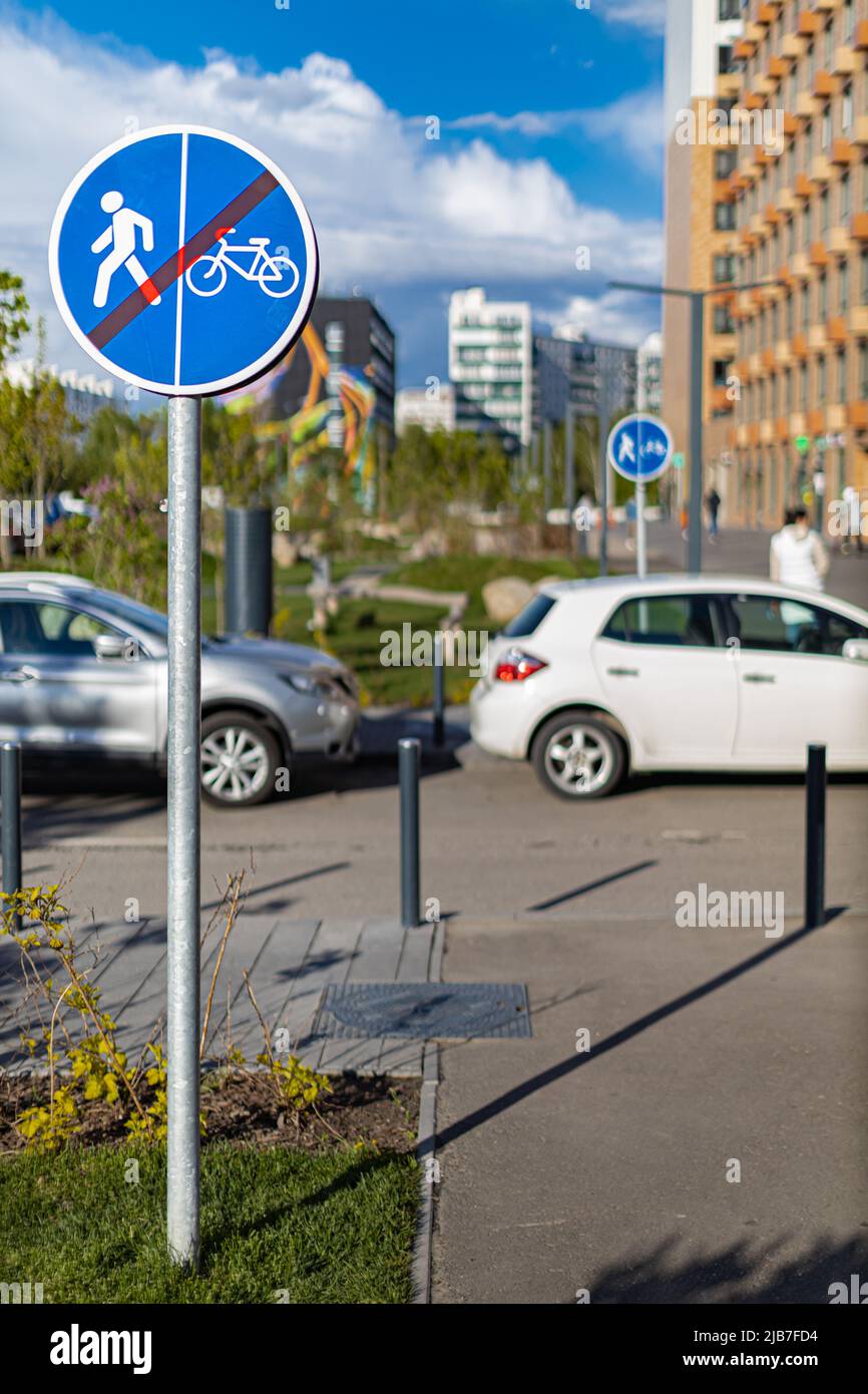 road sign indicating the end of the path for pedestrians and cyclists. High quality photo Stock Photo