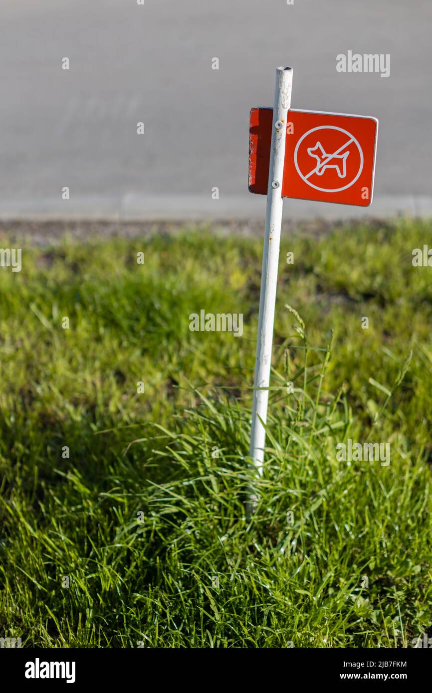 red sign prohibiting walking dogs on the lawn Stock Photo