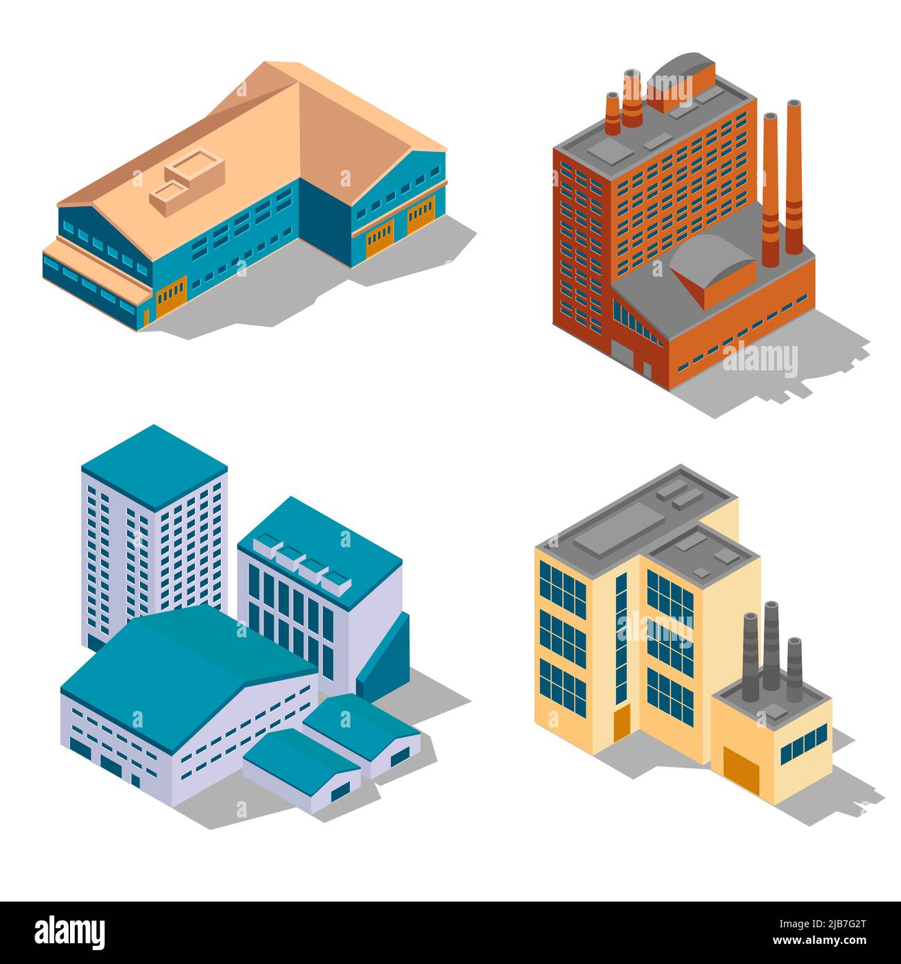 Isometric factory and industrial buildings set. Plant business
