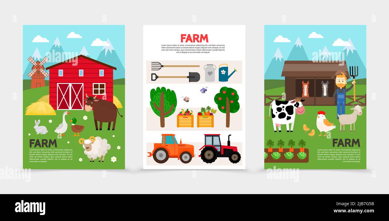 Flat farm and agriculture posters with animals barn hay windmill shovel forks watering can tractors farmer trees crates of vegetables and fruits vecto Stock Vector