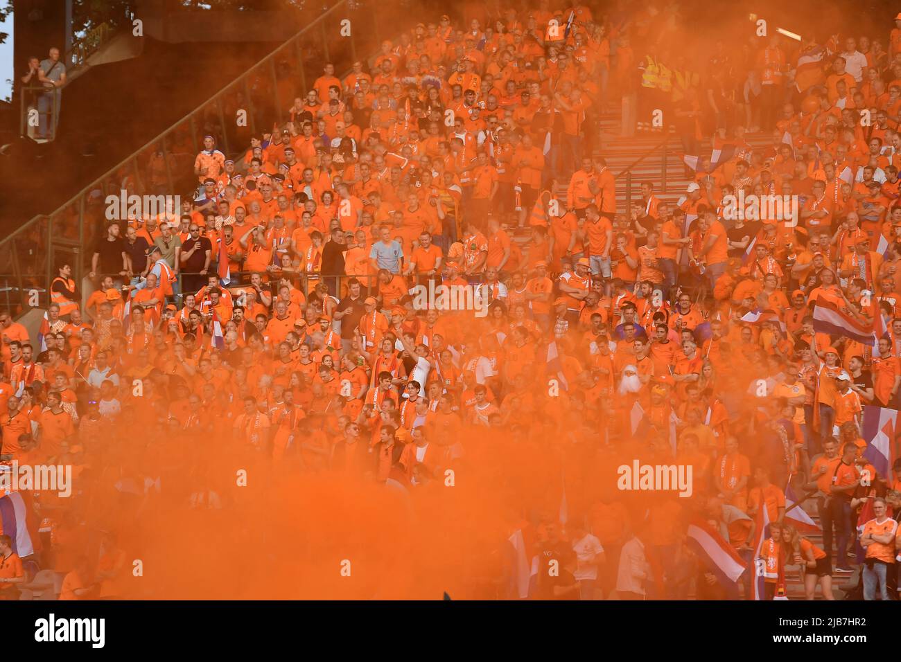 Brussels, Belgium. 03rd June, 2022. Illustration picture shows Dutch fans before the start of a soccer game between Belgian national team the Red Devils and the Netherlands, Friday 03 June 2022 in Brussels, the first game (out of six) in the Nations League A group stage. BELGA PHOTO DIRK WAEM Credit: Belga News Agency/Alamy Live News Stock Photo