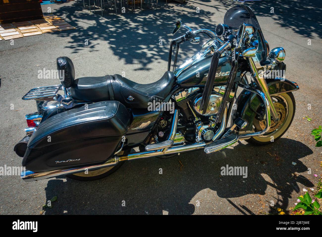Green Harley-Davidson Road King Motorcycle in France Stock Photo