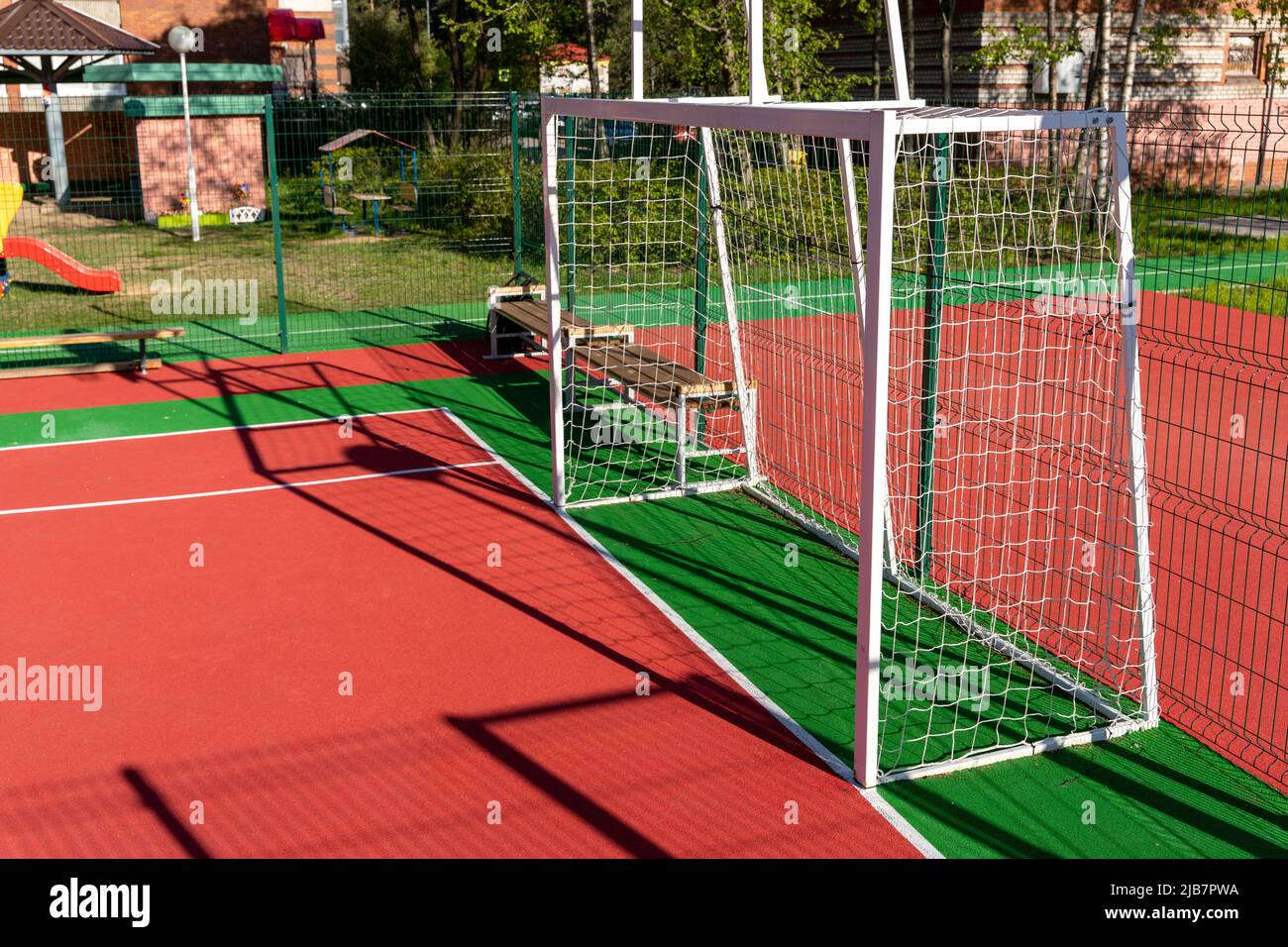 soccer gates on the soccer field of a preschool institution Stock Photo