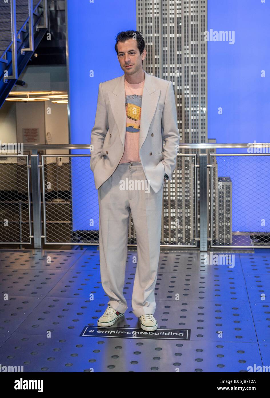New York, NY - June 3, 2022: DJ Mark Ronson visits the iconic Empire State Building to light building in purple and gold to honor the Platinum Jubilee of Queen Elizebeth II Stock Photo