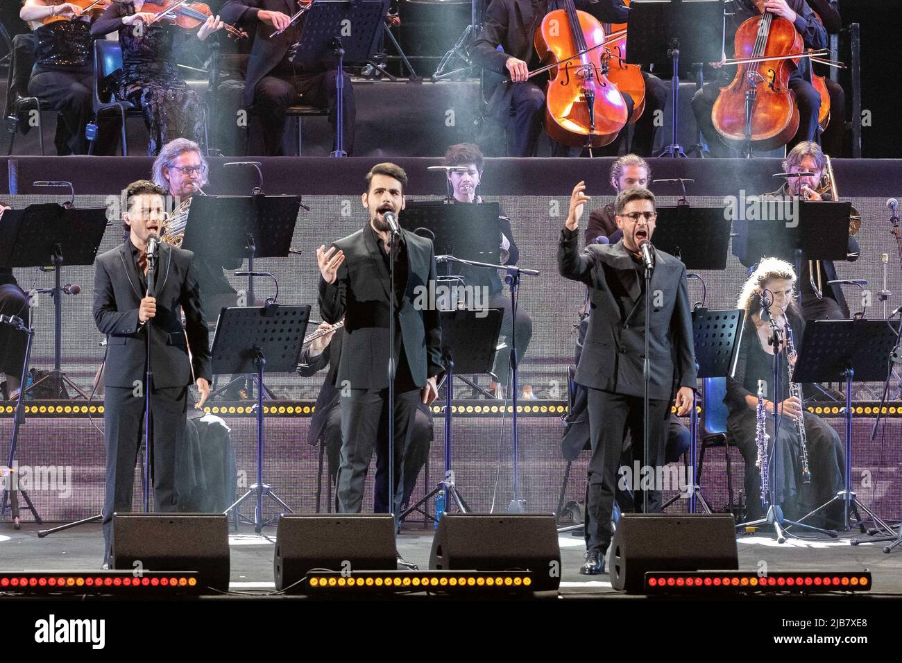 Verona, Italy. 3th June 2022. The three Italian singers of 'Il Volo' during their live performs in Arena di Verona, for the first date of theirs world tour '10 Years live 2022' Credit: Roberto Tommasini/Alamy Live News Stock Photo