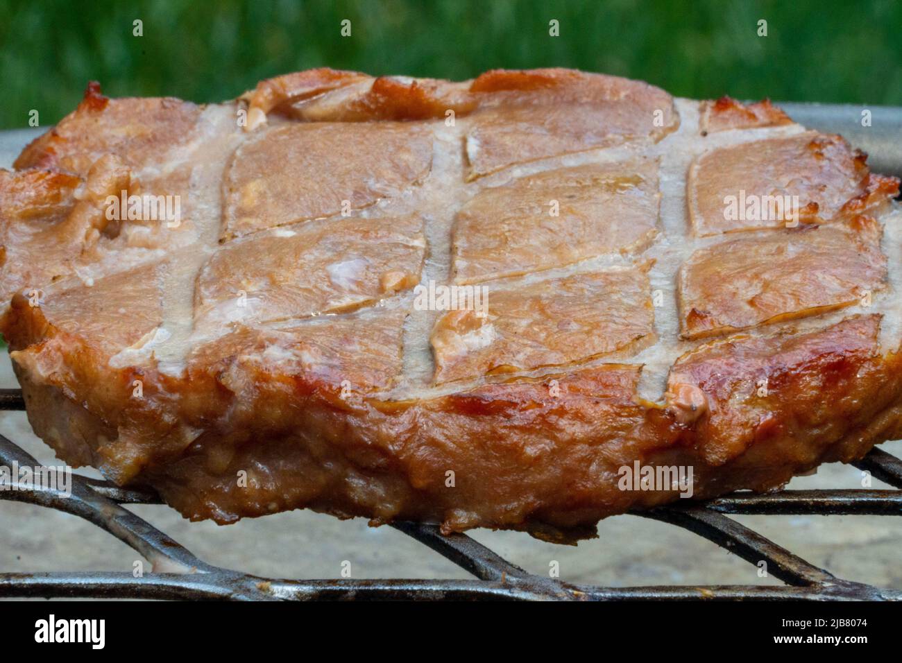 A delicious turkey burger with grill marks atop a fire pit grill Stock Photo
