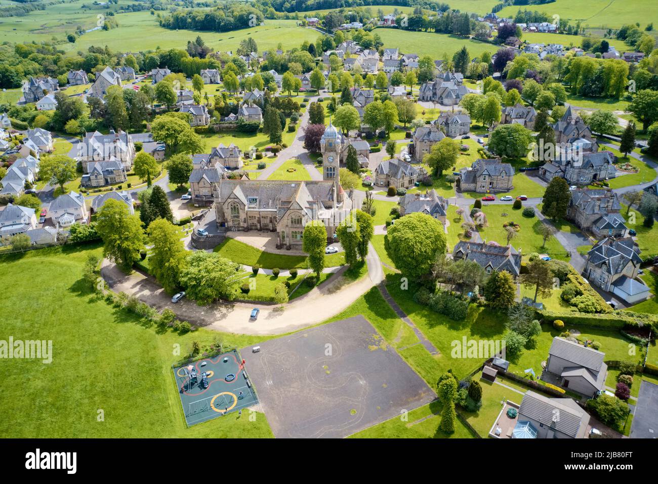 Quarriers Village countryside rural village aerial view from above in Renfrewshire Scotland Stock Photo