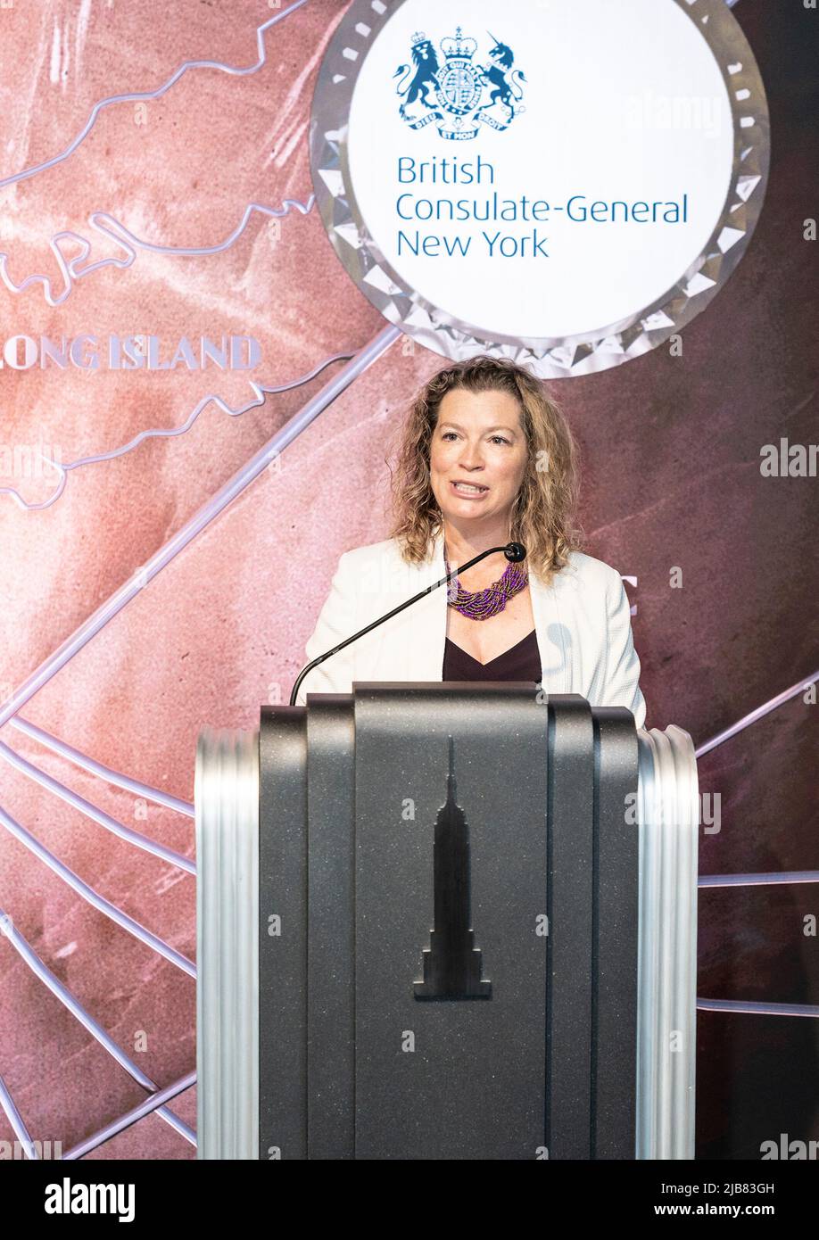 New York, New York, USA. 3rd June, 2022. Emma Wade-Smith, British Consul General speaks during her visit the iconic Empire State Building to light building in purple and gold to honor the Platinum Jubilee of Queen Elizebeth II (Credit Image: © Lev Radin/Pacific Press via ZUMA Press Wire) Stock Photo