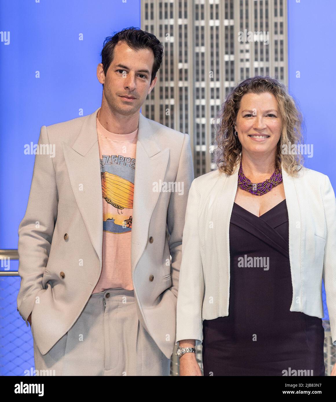 New York, New York, USA. 3rd June, 2022. DJ Mark Ronson and Emma Wade-Smith, British Consul General visit the iconic Empire State Building to light building in purple and gold to honor the Platinum Jubilee of Queen Elizebeth II (Credit Image: © Lev Radin/Pacific Press via ZUMA Press Wire) Stock Photo