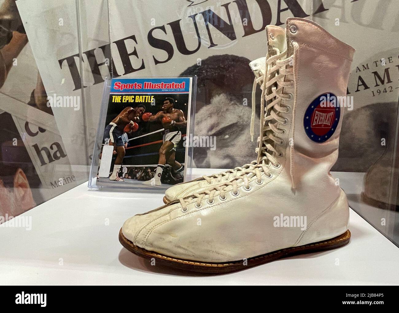 Boxing shoes worn by Muhammad Ali during the Thrilla in Manila, the final  boxing match between Muhammad Ali and Joe Frazier are displayed with  Billionaire Jim Irsay's private collection of American history