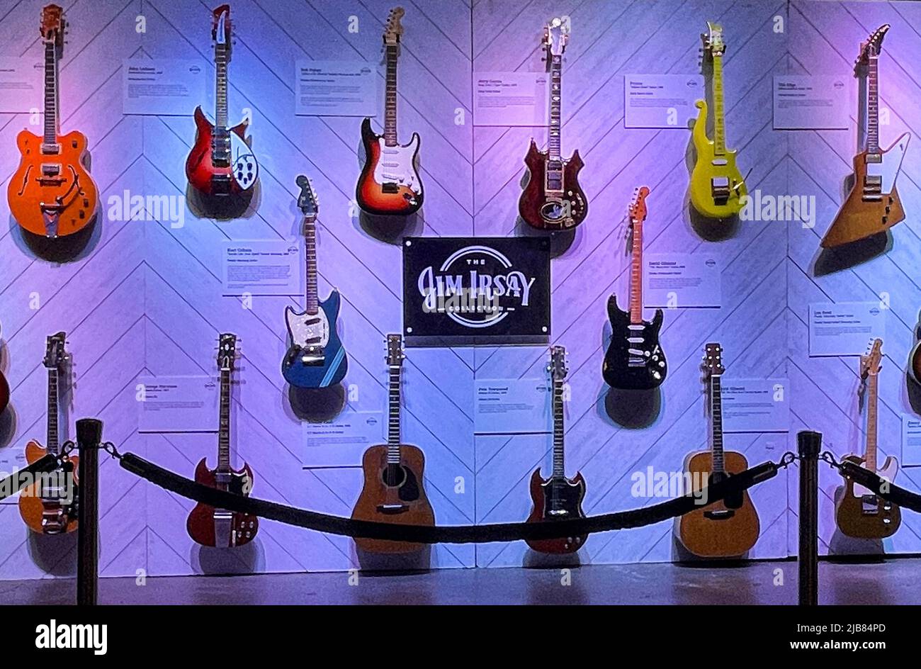Guitars played and owned by Bob Dylan, The Beatles, Prince, Eric Clapton, Kurt Cobain,  The Grateful Dead and Pink Floyd are displayed with other rare artifacts from billionaire Jim Irsay's private collection of American history in New York City, U.S., June 2, 2022. Picture taken June 2, 2022.   REUTERS/Hussein Waaile Stock Photo