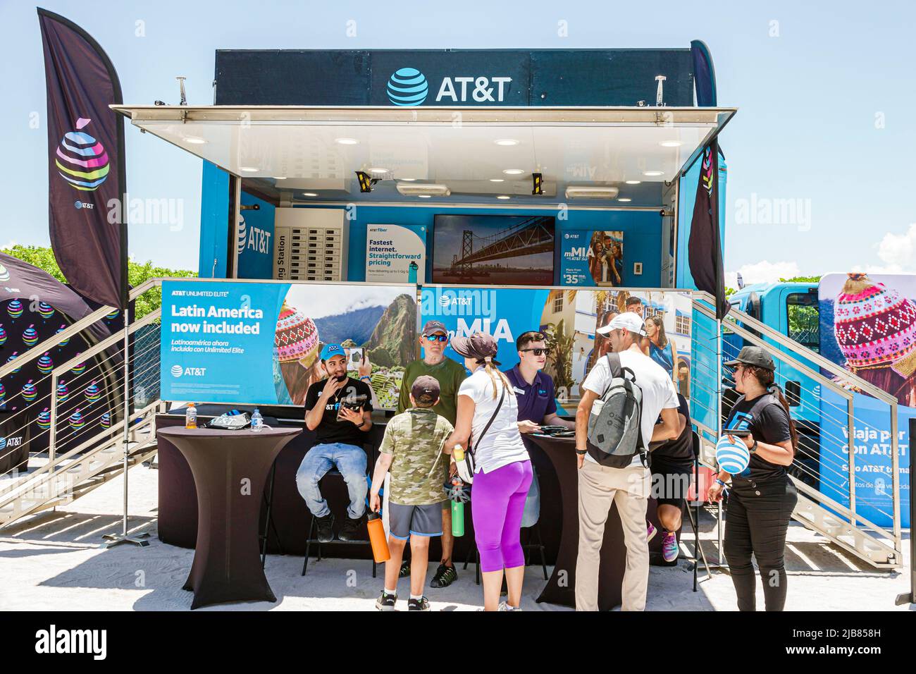 Miami Beach Florida,Hyundai Air & Sea Show Military Village vendor vendors,exhibitor exhibitors stall stalls booth booths,AT&T promotion promoting cor Stock Photo