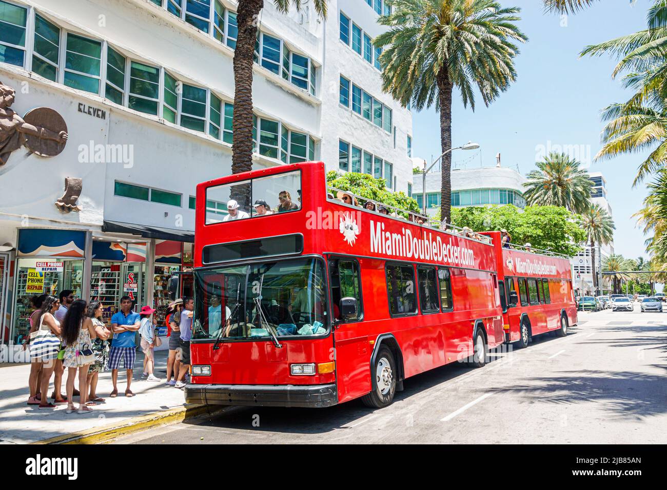 Miami Beach Florida,Lincoln Road red double-decker tour bus line queue Stock Photo