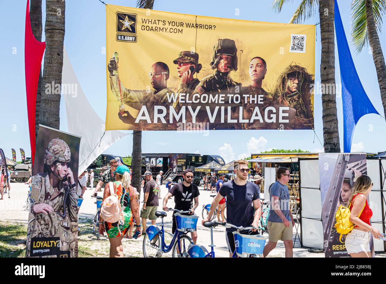 Miami Beach Florida,Hyundai Air & Sea Show Military Army Village vendor vendors,exhibitor exhibitors stall stalls booth booths armed forces recruiting Stock Photo