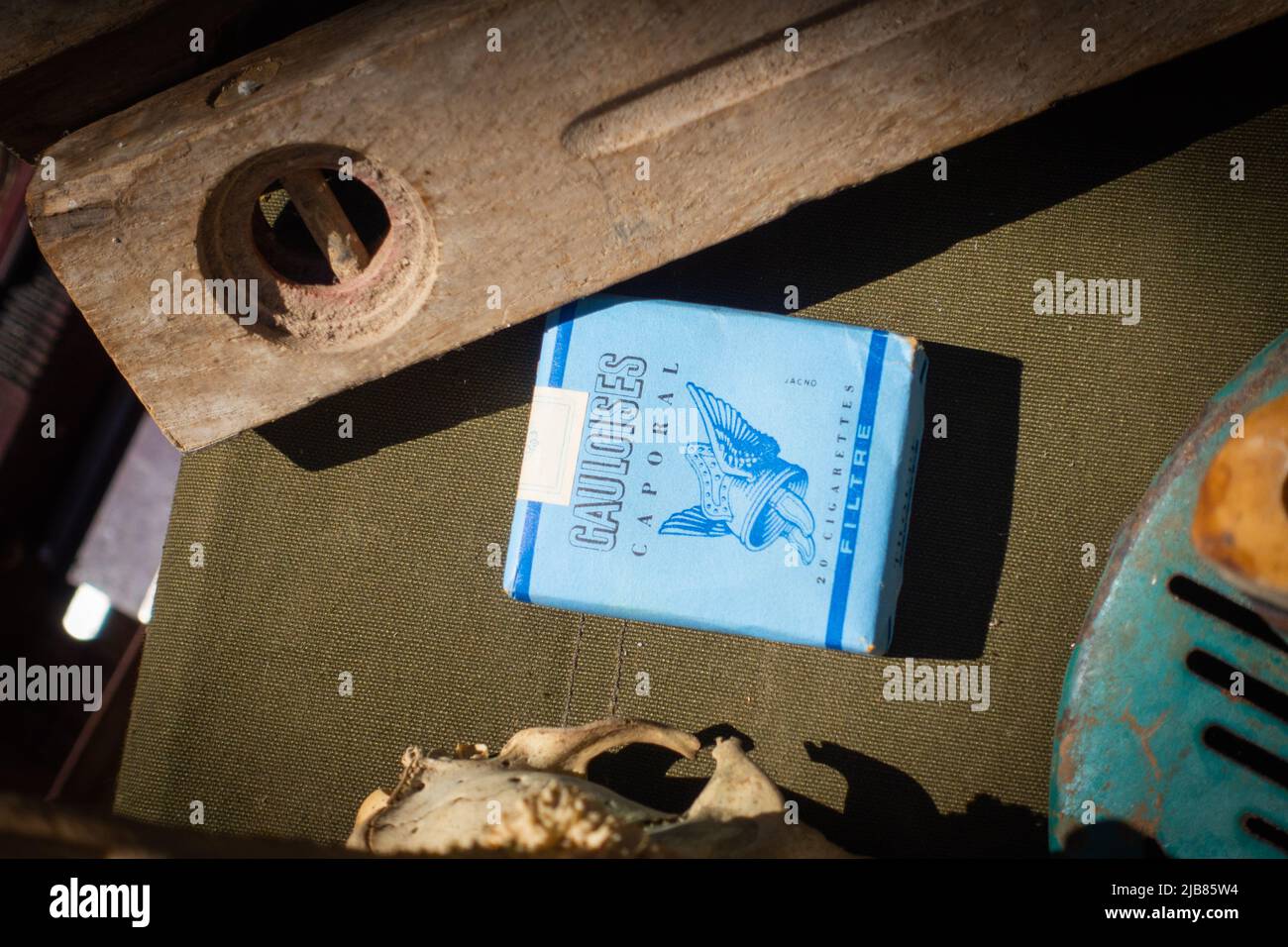Old Packet of Gauloises cigarettes at a Vide Grenier, Car Boot sale in France Stock Photo