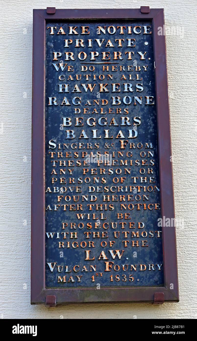 1835 Take Notice, No Hawkers sign, Derby Row, Vulcan Village, Warrington, ex-Charles Tayleur railway factory Newton-Le-Willows history, Lancashire Stock Photo