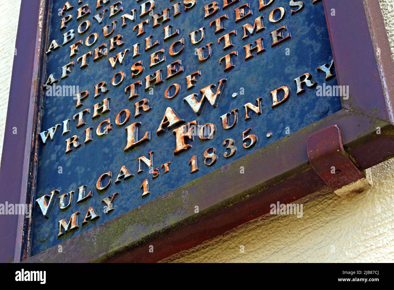 1835 Take Notice, No Hawkers sign, Derby Row, Vulcan Village, Warrington, ex-Charles Tayleur railway factory Newton-Le-Willows history, Lancashire Stock Photo