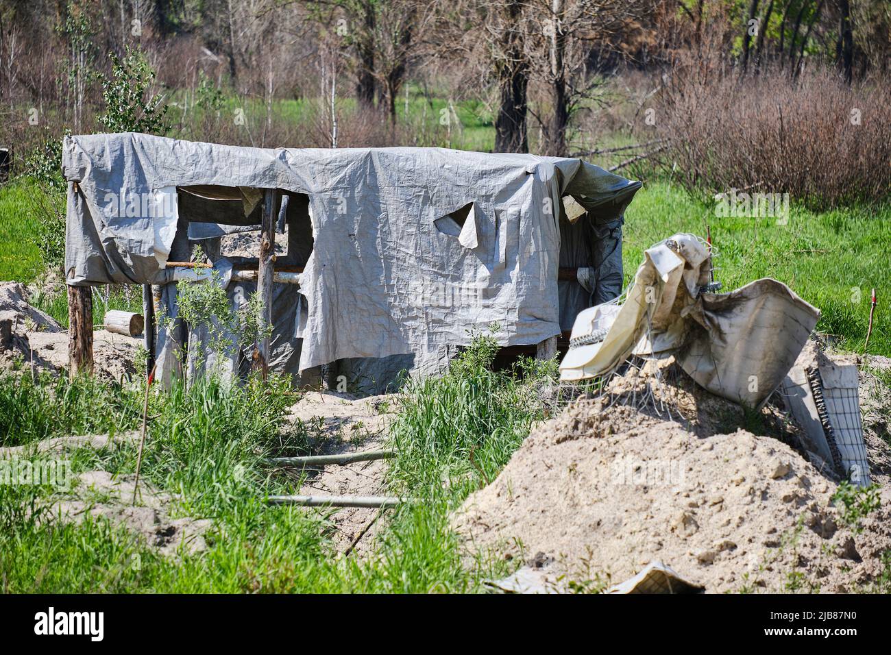 Chernobyl, Ukraine. 03rd June, 2022. Trenches and camp made by Russian troops in the Red Forest