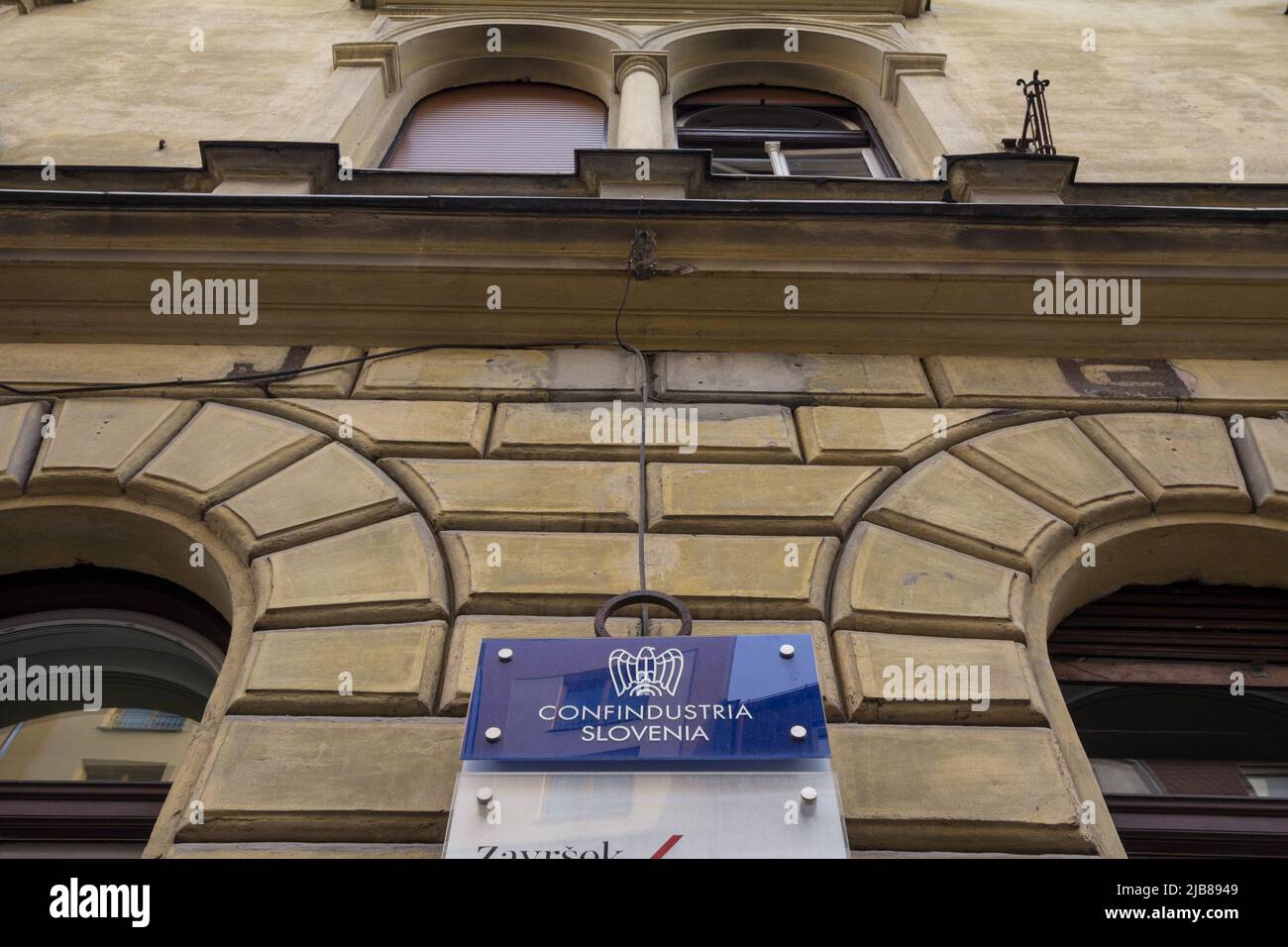 Picture of a sign with the logo of Confindustria on their main office for Slovenia in Ljubljana. The General Confederation of Italian Industry, or Con Stock Photo