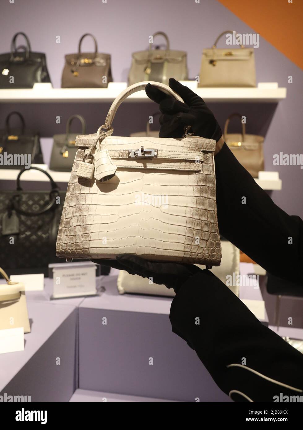 New York, USA. 3rd June, 2022. A view of a rare 2020 Matte White Hermes  Himalaya Niloticus Crocodile Kelly bag, seen at the press preview for the  upcoming Christie's Luxury Week auction