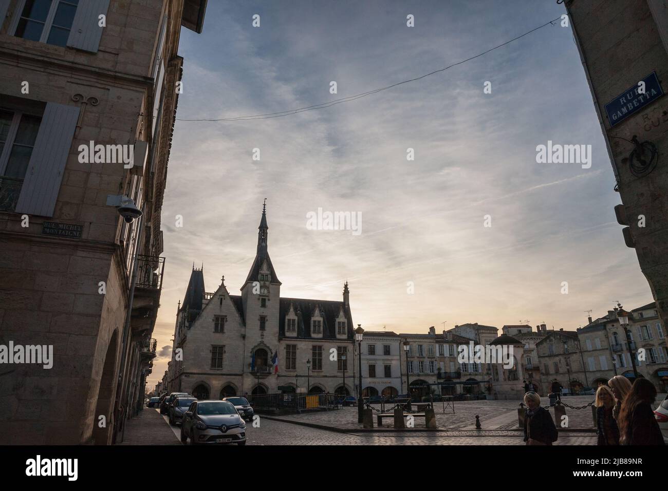 Picture of the cityscape of Libourne, France, with a focus on place Abel Surchamp square, a typical medieval square street, in the city center. Libour Stock Photo