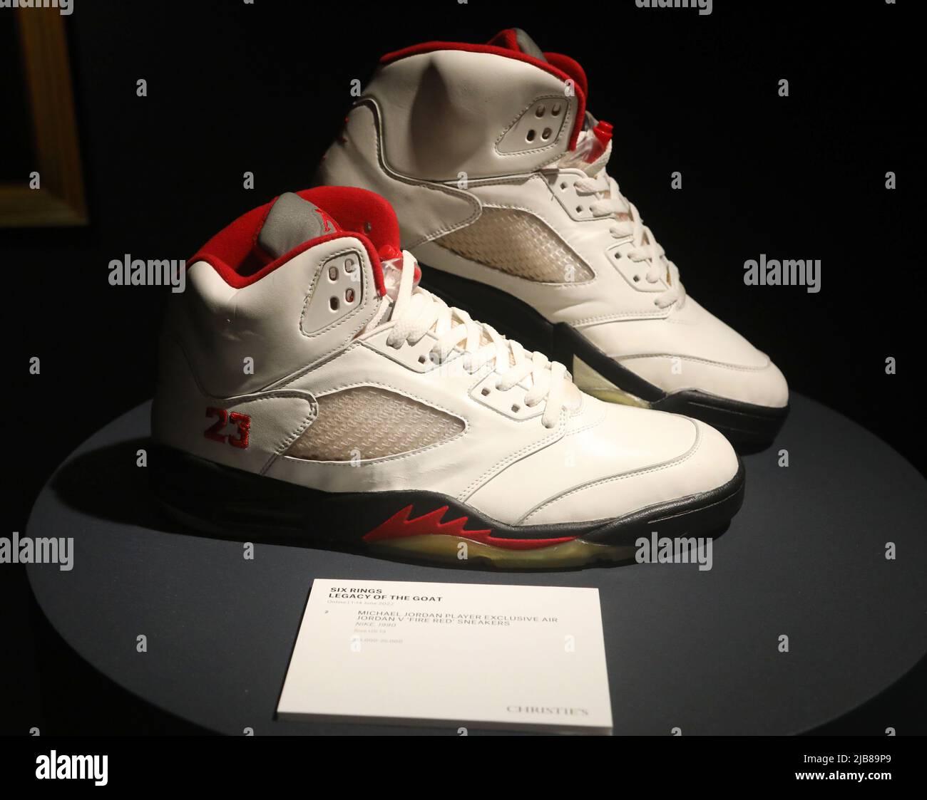 New York, USA. 3rd June, 2022. A view of the Michael Jordan Player  Exclusive Air Jordan V ""˜Fire Red' 1990 Nike sneakers seen at the press  preview for the upcoming Christie's Luxury