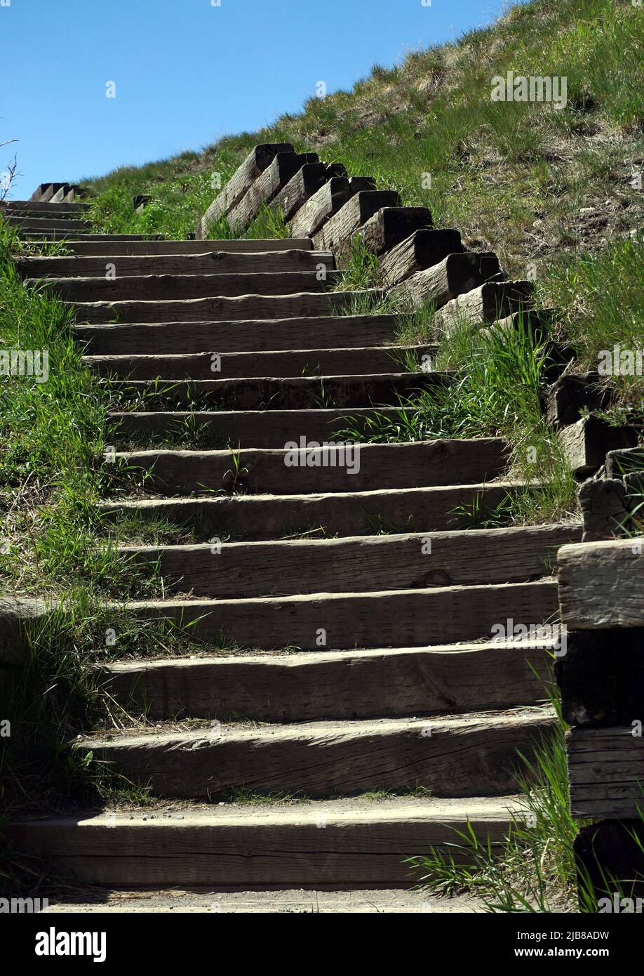 Wooden steps leading to the Crows Nest River, Southern Alberta Stock Photo